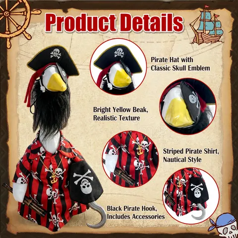 Disfraz de Capitán Pirata de Halloween para Estatua de Ganso de Porche Atuendo Sombrero de Pirata Camisa Estampado Calavera Gancho Telescopio