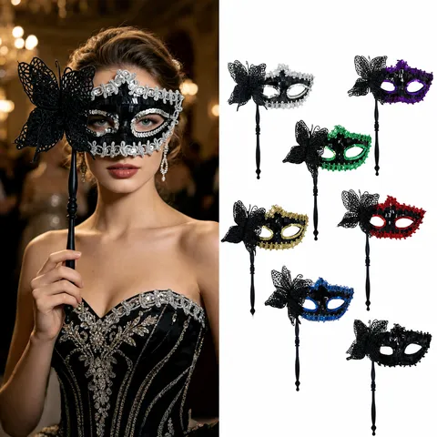 Handheld Butterfly Sequin Masquerade Mask Venetian Princess Half Face Tassel Lace Mask For Halloween Carnival Party Women Costume Props