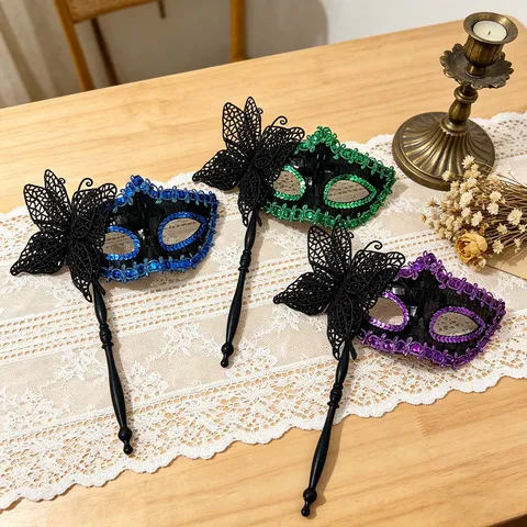 Handheld Butterfly Sequin Masquerade Mask Venetian Princess Half Face Tassel Lace Mask For Halloween Carnival Party Women Costume Props