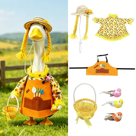 Ensemble de Vêtements pour Oie de Porche Tournesol Pastoral d'Été Avec Chapeau de Paille et Tablier pour Décoration de Statue