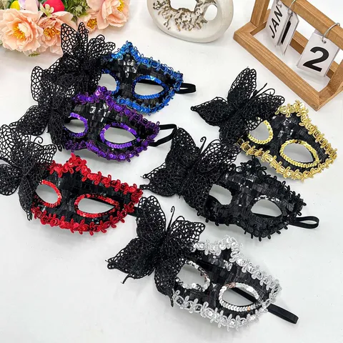 Elegant Masquerade Party Butterfly Sequin Mask Plastic Lace Mysterious Half Face Eyemask For Halloween Carnival Cosplay Dress Up Costume