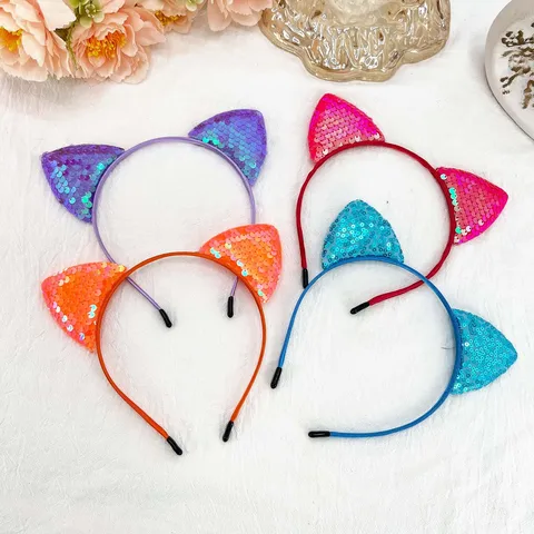 Cute Cat Ears Sequin Headband For Kids Girls Princess Crown Birthday Hair Accessories Colorful Glitter Hair Band Holiday Party Costume Headwear Gift