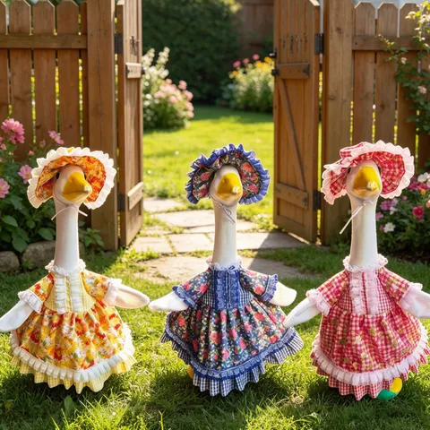 Lolita Stil Terrassengans Kleidung Outfit Set Für Große Weiße Gans Puppe Verkleidung Outfit Mit Hut Floral Herz Muster Dekoration
