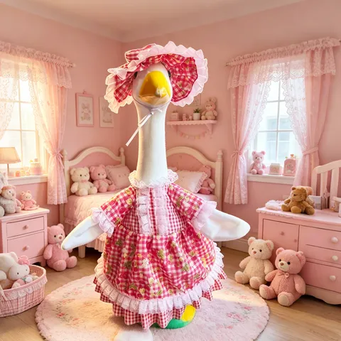 Lolita Stil Terrassengans Kleidung Outfit Set Für Große Weiße Gans Puppe Verkleidung Outfit Mit Hut Floral Herz Muster Dekoration
