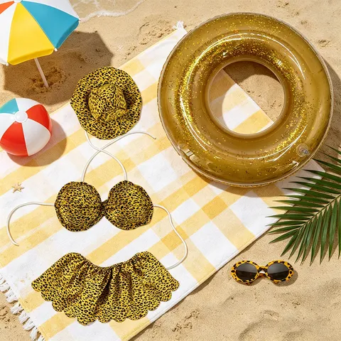 Veranda Gans Kostüm Leopard Muster Bikini Outfit Set Für Garten Gans Ornament Inklusive Hut Sonnenbrille Schwimmring Deko