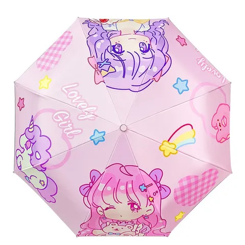 Children Folding Umbrella Anti-Rebound Cute Cartoon Print Reflective Strip UV Protection Rain Sun Umbrella
