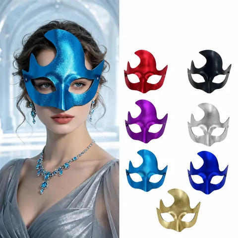 Maschera a Metà Viso in PVC con Corna Curve per Halloween Festa in Maschera Cosplay Maschera Metallica Lucida per Uomo Donna