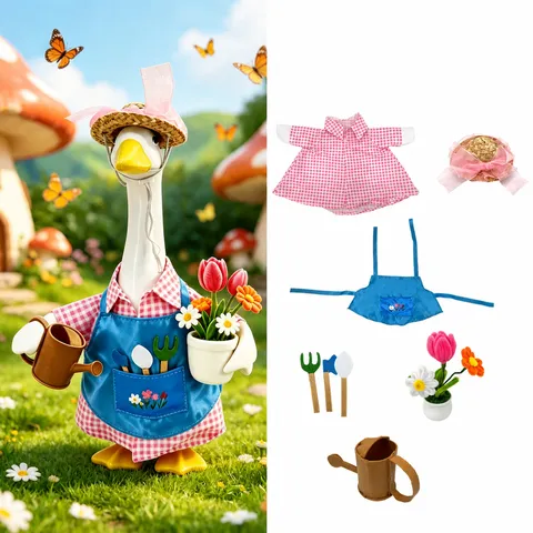 Disfraz de Jardinero para Ganso de Porche 23 Pulgadas Camisa Gingham Rosa Sombrero de Paja Delantal Azul Herramientas