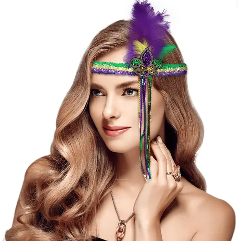 Diadema de Plumas de Carnaval Mardi Gras Accesorios para el Cabello con Lentejuelas de Fiesta Irlandesa Banda de Pelo de Pluma de Avestruz