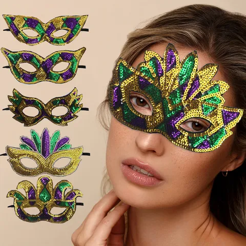 Handgemaakt Mardi Gras Masker Goud Paars Groen Pailletten Masker Half Gelaatsmasker Oogmasker Voor Carnaval Masquerade Themafeest Kostuumaccessoire