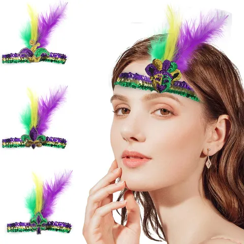 Mardi Gras Pailletten Feder Stirnband Lila Grün Gold Maskenball Party Kopfschmuck Narr Maske Kostüm Zubehör