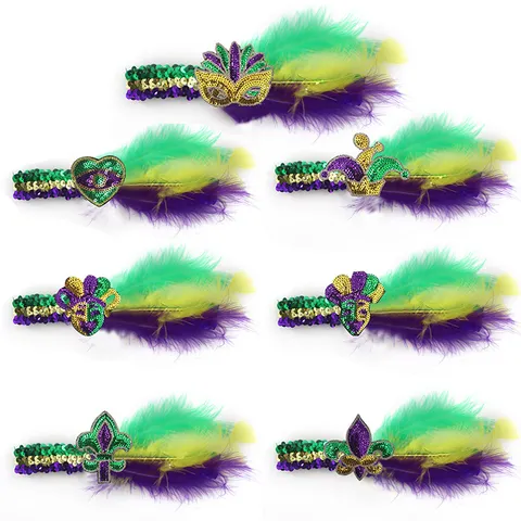 Mardi Gras Pailletten Feder Stirnband Lila Grün Gold Maskenball Party Kopfschmuck Narr Maske Kostüm Zubehör
