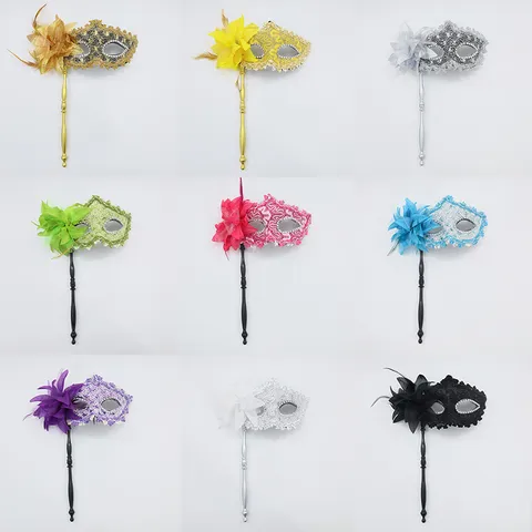Handheld Masquerade Mask With Side Flower Feather Rhinestone Lace Double Layer Splicing Detachable Stick Carnival Party Mask For Men Women