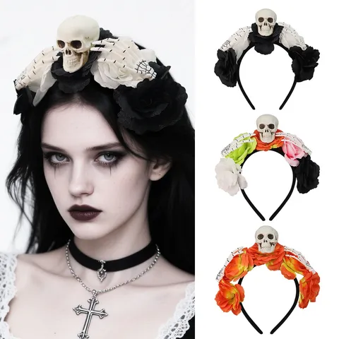 Halloween Dark Skull Floral Headband Gothic Skeleton Hand Bone Hair Hoop Party Atmosphere Dress Up Prop Headpiece Accessory