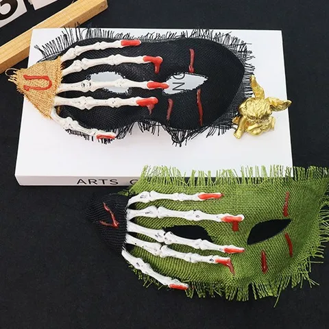 Halloween Horror Skull Hand Burlap Bloody Half Face Mask PVC Costume Party Props Haunted House Decoration Accessories