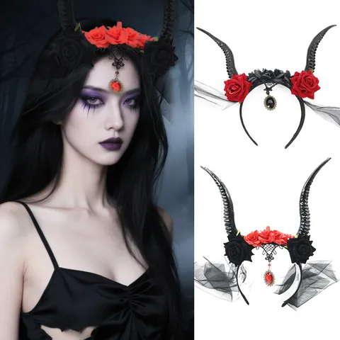 Halloween Γοτθικό Στέκα με Κέρατα Προβάτου Διαβόλου Τριαντάφυλλο Μαύρο Πλέγμα Μενταγιόν με Στρας Σκοτεινή Μάγισσα Πάρτι