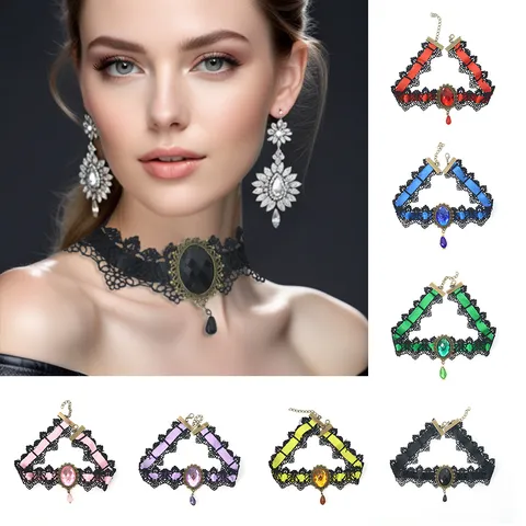 Gothic Lace Choker Necklace For Women Halloween Retro Alloy Artificial Gemstone Pendant Lace Ribbon Necklaces Party Jewelry