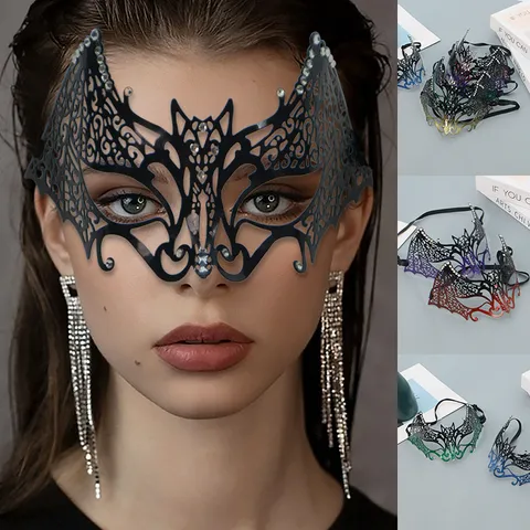 Sexy Mysterious Iron Rhinestone Bat Masquerade Mask Hollow Metal Filigree Half Face Eyemask For Halloween Carnival Costume Party Women