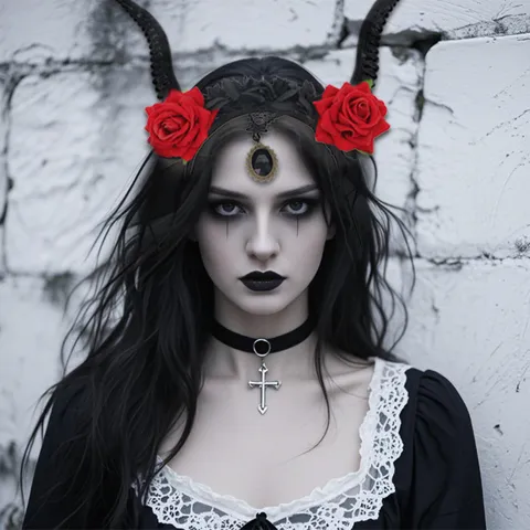 Halloween Γοτθικό Στέκα με Κέρατα Προβάτου Διαβόλου Τριαντάφυλλο Μαύρο Πλέγμα Μενταγιόν με Στρας Σκοτεινή Μάγισσα Πάρτι