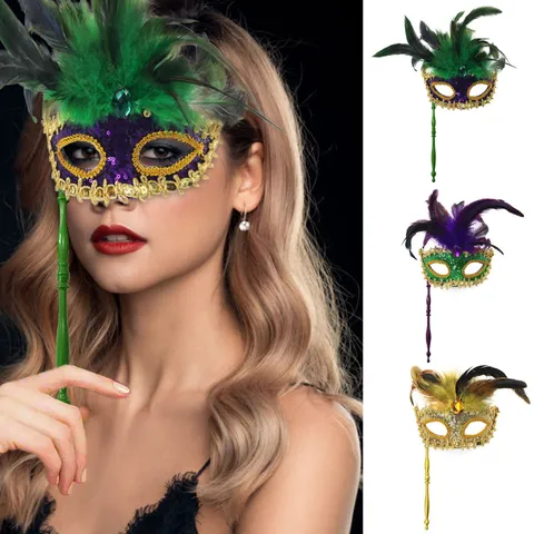 Geheimnisvolle Pailletten Strass Handgehaltene Feder Halbgesichtsmaske Prinzessin Maskerade Party Requisiten Für Halloween Karneval Damen Schmuck