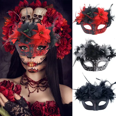 Halloween Tag Der Toten Halbgesicht Partymaske Kunststoff Maskerade Maske Mit Künstliche Feder Blumen Glitzer Bemalt Requisiten Für Karneval Cosplay Ball