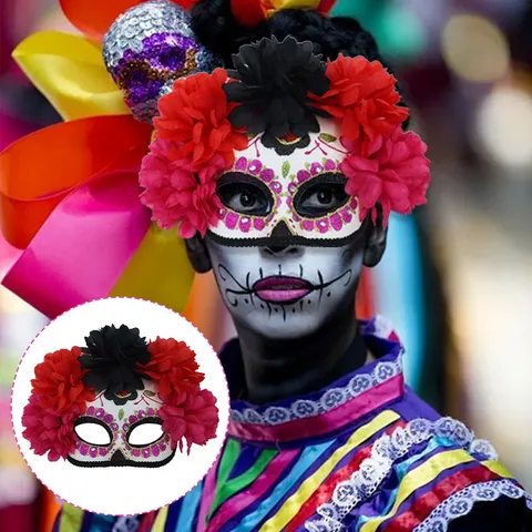 Máscara Mexicana Del Día De Los Muertos Con Flores Artificiales Strass Purpurina Halloween Cosplay Accesorios De Actuación Para Mujeres Hombres