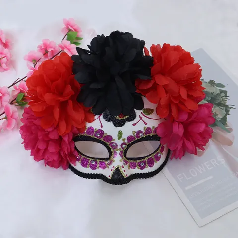 Máscara Mexicana Del Día De Los Muertos Con Flores Artificiales Strass Purpurina Halloween Cosplay Accesorios De Actuación Para Mujeres Hombres