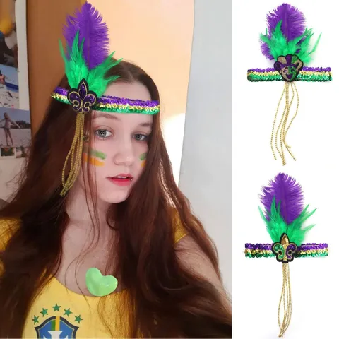Diadema de Lentejuelas y Plumas de Carnaval Mardi Gras Masquerade Party Morado Verde Dorado Accesorio de Disfraz