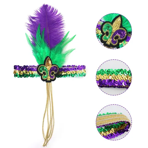 Diadema de Lentejuelas y Plumas de Carnaval Mardi Gras Masquerade Party Morado Verde Dorado Accesorio de Disfraz