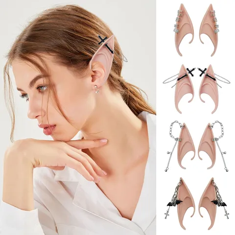 Gotik Punk Latex Elf Ohren Mit Metall Quastenkette Kreuz Schmetterling Strass Ohrclips Für Halloween Cosplay Kostüm Party Requisite