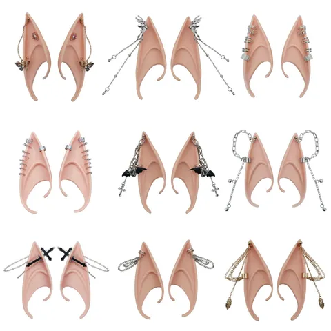 Gotik Punk Latex Elf Ohren Mit Metall Quastenkette Kreuz Schmetterling Strass Ohrclips Für Halloween Cosplay Kostüm Party Requisite