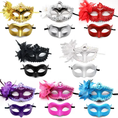 Venetian Electroplated Half Face Masquerade Mask with Side Flower Fabric Ribbon Feather Rhinestone Details for Halloween Carnival Costume Party Dress Up Accessory