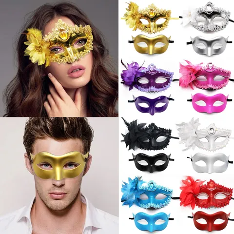 Venetian Electroplated Half Face Masquerade Mask with Side Flower Fabric Ribbon Feather Rhinestone Details for Halloween Carnival Costume Party Dress Up Accessory