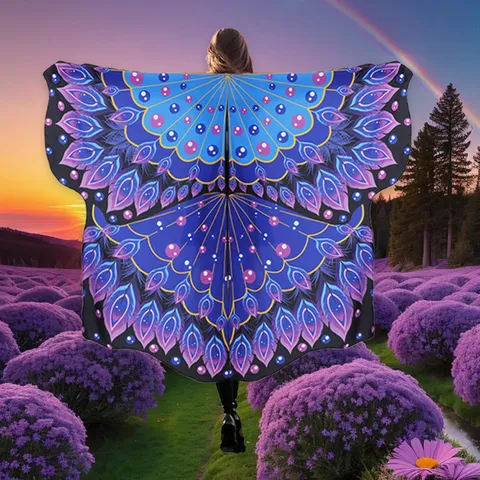 Halloween Butterfly Wings Costume For Women Peacock Feather Printed Cape With Lace Mask Cosplay Party Dance Cloak Shawl
