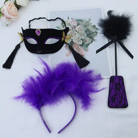 Masquerade Party Tassel Cat Half Face Mask Purple Feather Headband Flog Sexy Fox Eye Mask For Halloween Carnival Women Costume Accessory