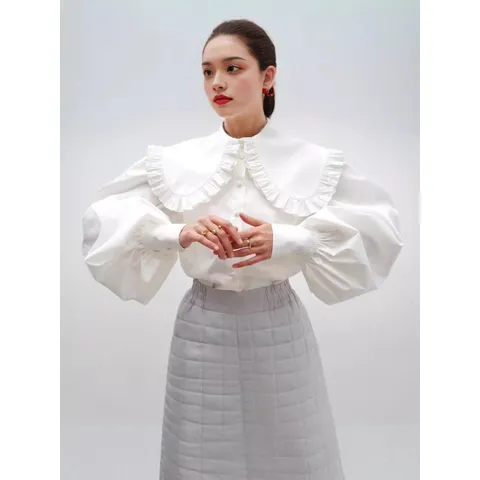 Women White Peter Pan Collar Shirt Long Sleeve Ruffle Trim Blouse Polyester Button Down Loose Top Sweet Fashion Shirt