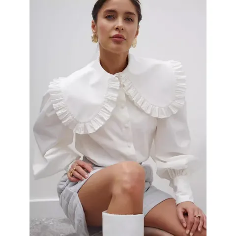 Women White Peter Pan Collar Shirt Long Sleeve Ruffle Trim Blouse Polyester Button Down Loose Top Sweet Fashion Shirt