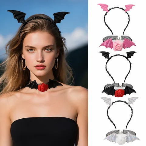 Gothic Lace Halloween Devil Bat Wings Headband Mesh Rose Choker Necklace Set For Women Cosplay Party Costume Accessories