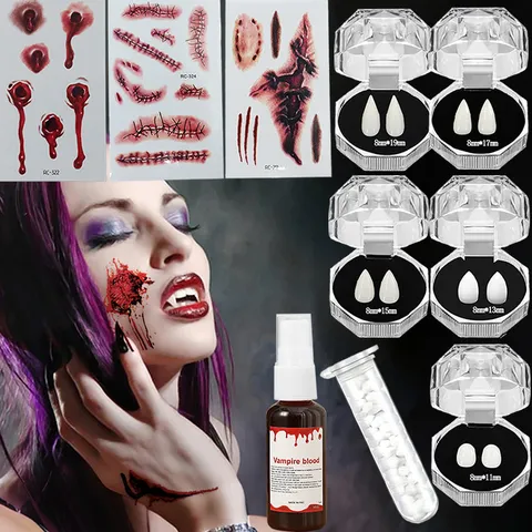 Halloween Realistic Vampire Fangs Fake Blood Costume Props Set Special Effects Scar Tattoos Makeup Kit For Cosplay Stage Performance Party Accessories
