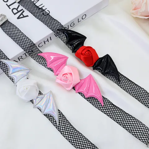 Gothic Lace Halloween Devil Bat Wings Headband Mesh Rose Choker Necklace Set For Women Cosplay Party Costume Accessories