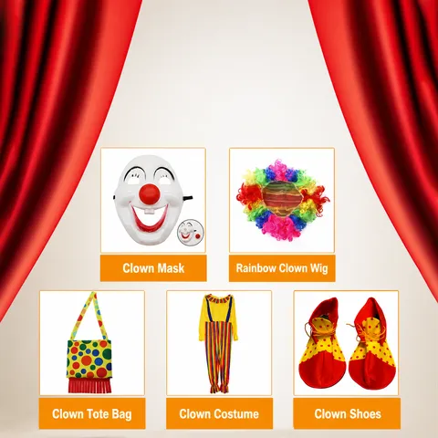 Halloween Adult Clown Costume Set For Cosplay Circus Party Performance Magic Show Props With Mask Wig Shoes Bag Colorful Funny Outfit