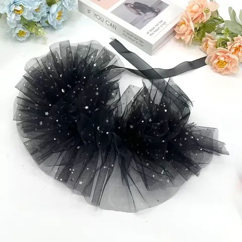 Lolita Sweet Puffy Mesh Ruffle Collar Starry Sky Sequin Fake Collar For Women Girls Party Cosplay Costume Accessory Black White