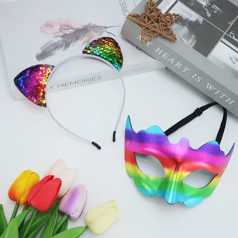 Ensemble Serre-tête Oreilles de Chat à Paillettes Multicolores Et Masque de Chat en PVC Dégradé Arc-en-ciel pour Halloween Carnaval Fête Costume Accessoires