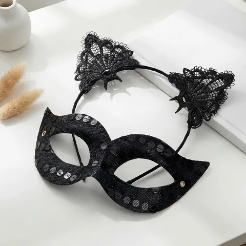 Ensemble Masque de Mascarade Demi Visage en PVC à Paillettes Noires Mystérieuses et Serre tête Oreilles de Chat en Dentelle pour Fête d'Halloween Femme