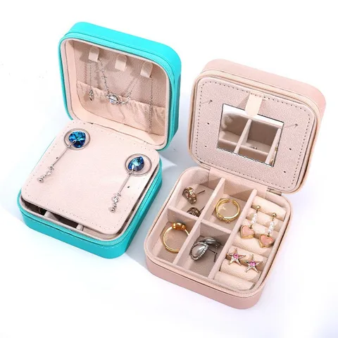 Portable PU Leather Jewelry Box Travel Organizer Case For Rings Earrings Necklaces Storage With Mirror Zipper Small Jewelry Box For Women Gift