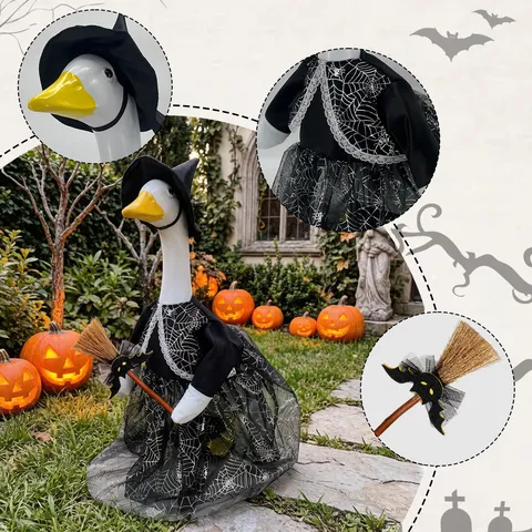 Halloween Porch Goose Witch Costume Set 23 Inch Porch Goose Outfits Spiderweb Dress Witch Hat Mini Broom Garden Decoration
