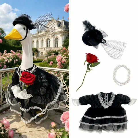 Gothic Vintage Polyester Black Lace Dress Set With Veil Hat Faux Pearl Necklace Rose Prop For Garden Goose Holiday Party Decoration