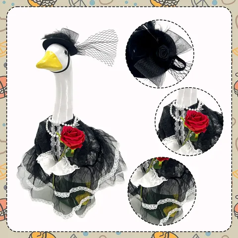 Gothic Vintage Polyester Black Lace Dress Set With Veil Hat Faux Pearl Necklace Rose Prop For Garden Goose Holiday Party Decoration