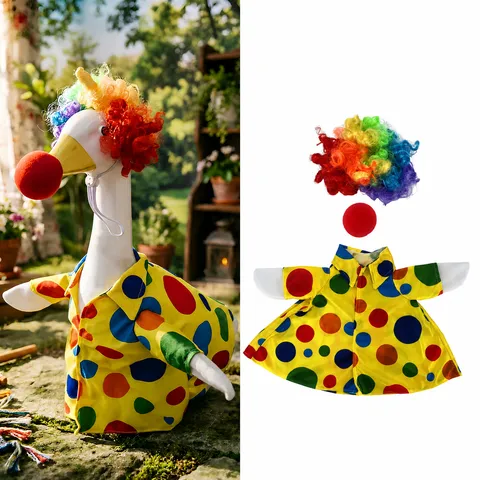 Large Porch Goose Clown Costume Outfit With Colorful Wig Red Nose Yellow Polka Dot Shirt For Garden Decoration Halloween Party