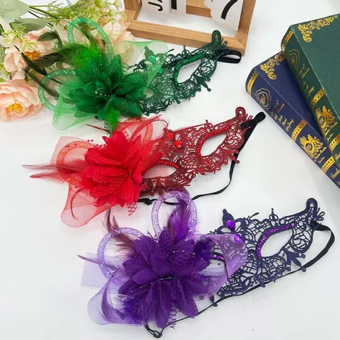 Venezianische Spitze Strass Maskerade Maske Mit Seitlicher Blume Feder Elegante Sexy Augenmaske Für Damen Halloween Karneval Party